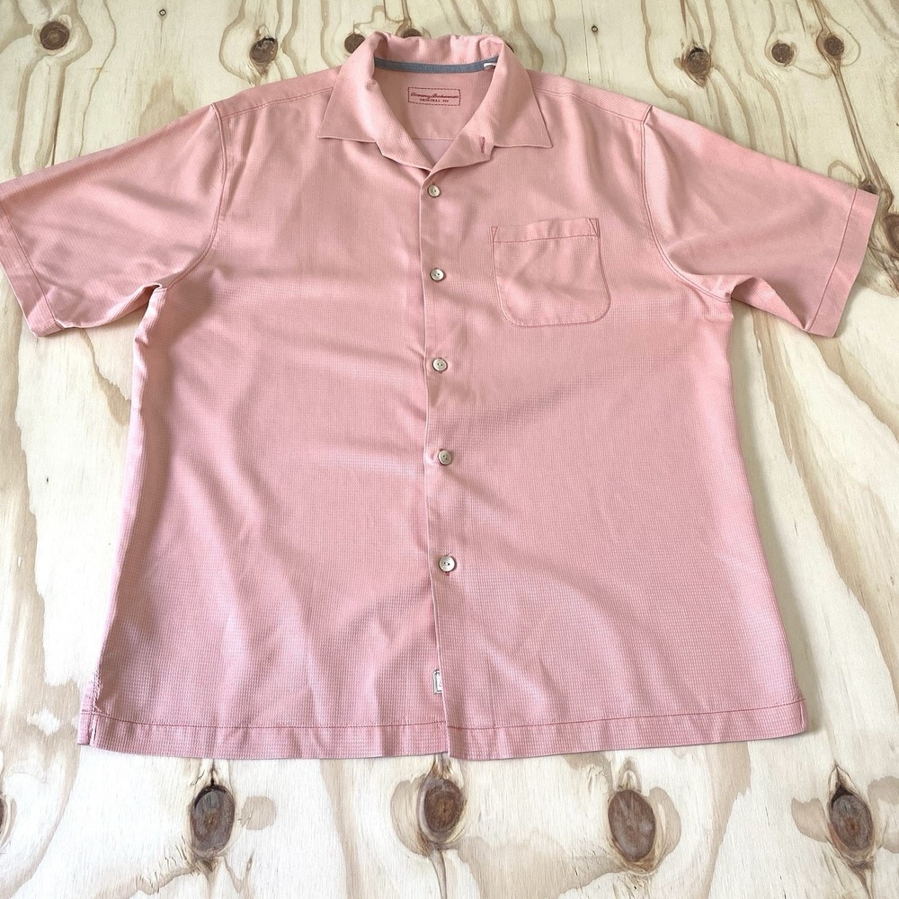 Tommy Bahama Button Up Shirt Size Large 100% Silk Coral Dusty Rose Pink Hawaiian